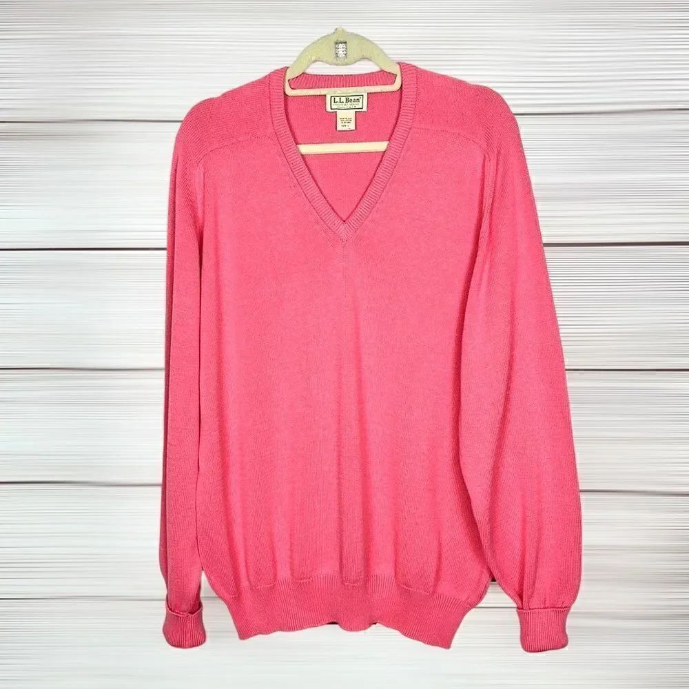 L.L. Bean Vintage Pink Cotton Sweater V-neck Pullover made in USA size L